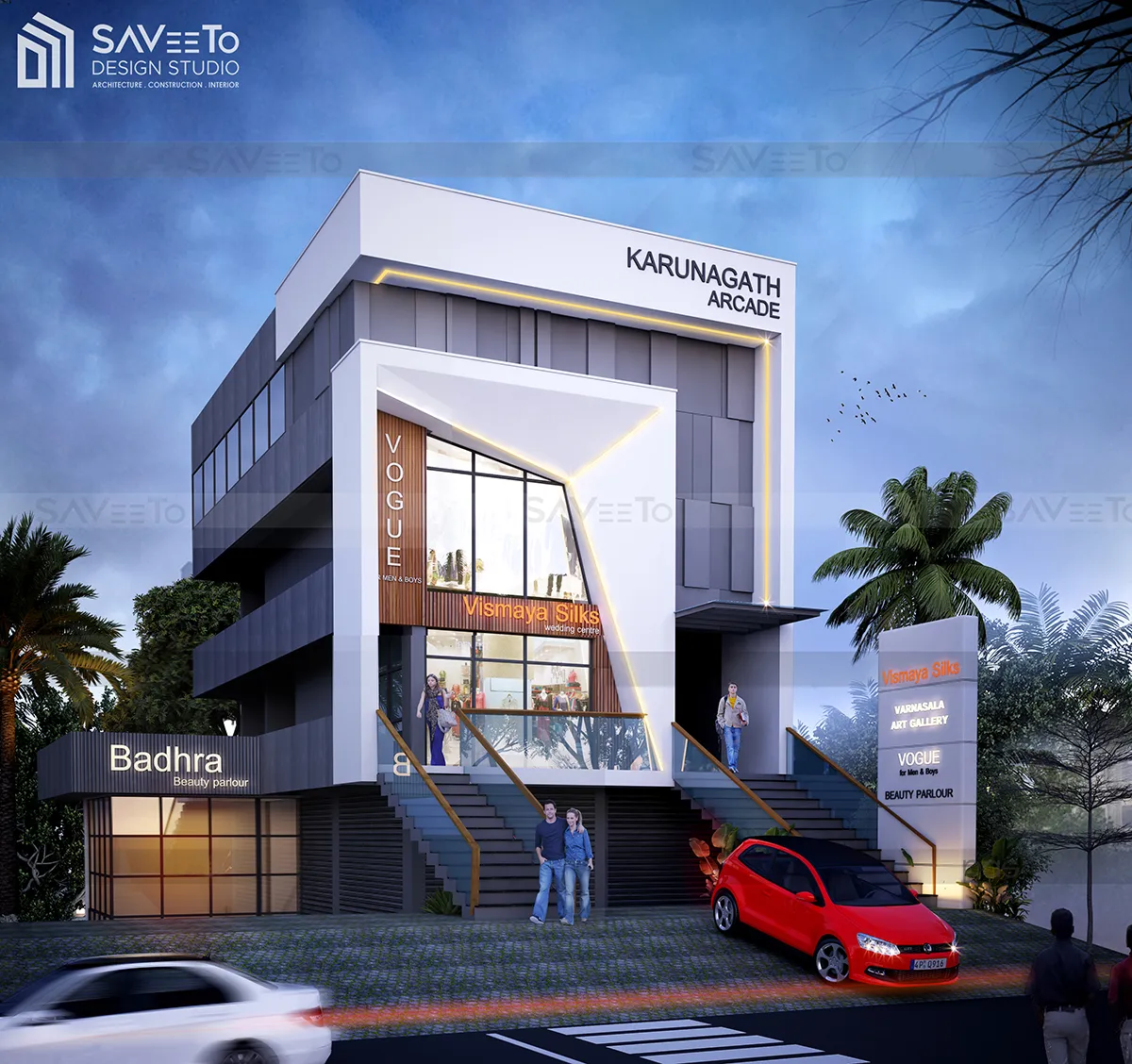 commercial building project in Shornur featuring modern elevation design, showroom spaces, office layouts, and contemporary architecture.
